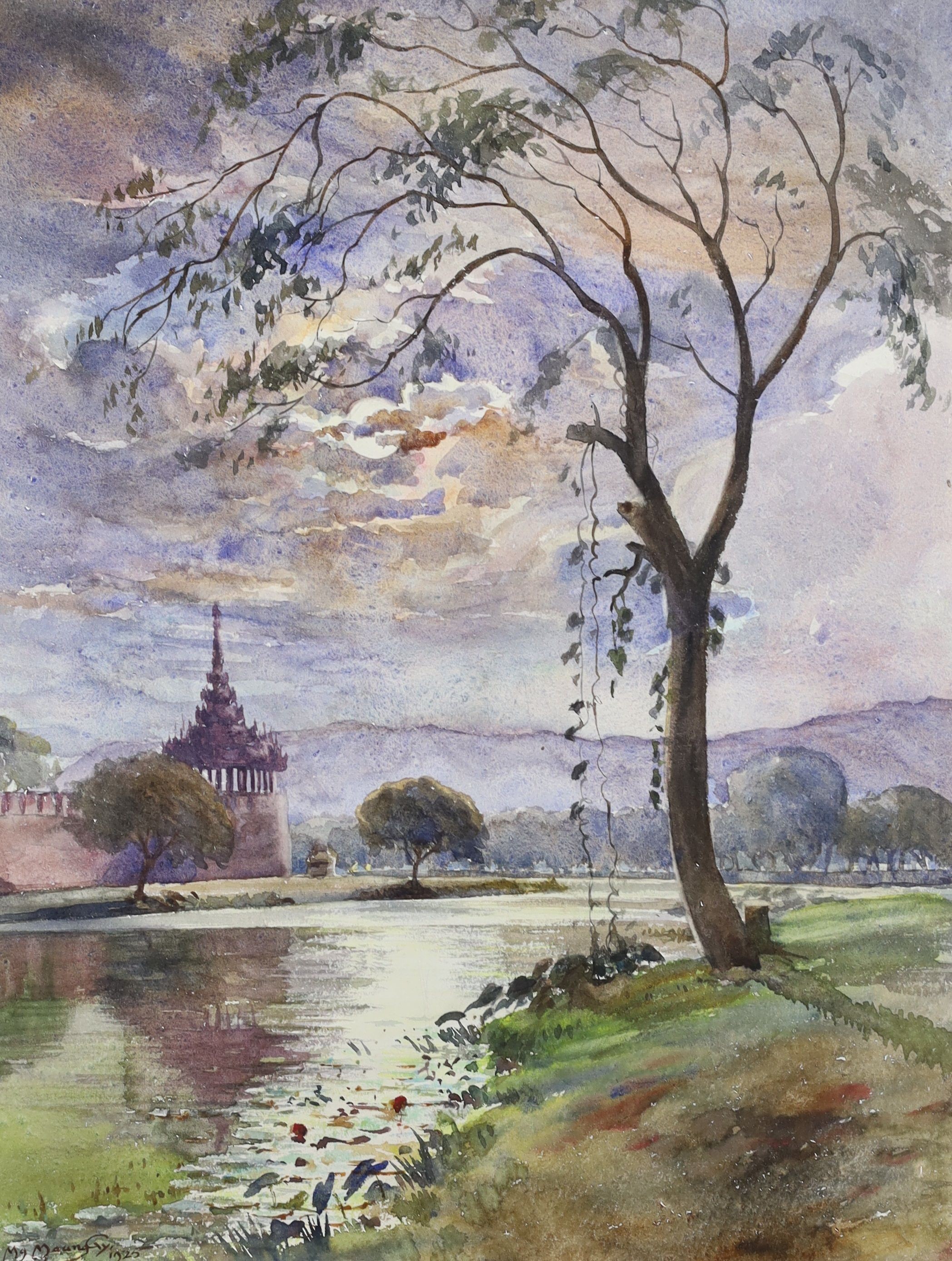 Mg Maung Gy (Burmese 1890-1942), three watercolours, Rice planters and River landscapes, signed and dated 1925, 34 x 45cm and 45 x 34cm, unframed